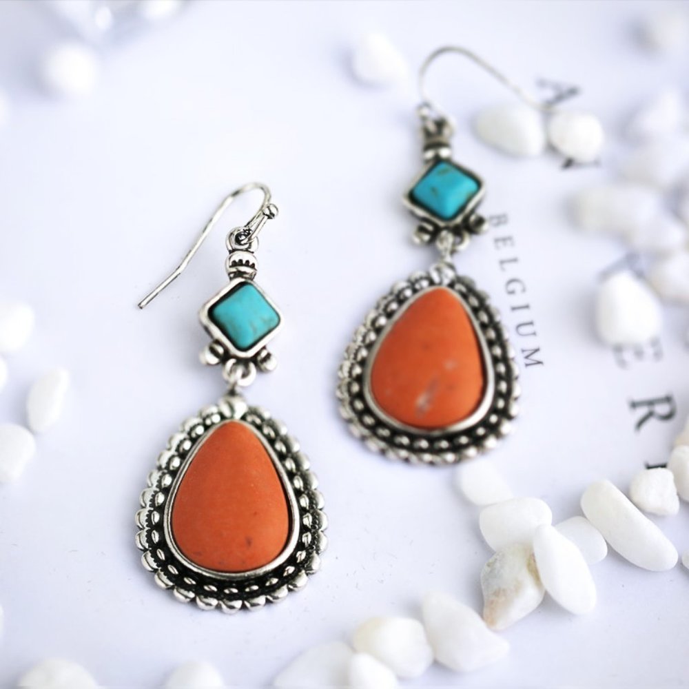 🌸Bohemian Water Boho Drop Orange Stone Vintage Earrings for Women, UNVN12426 - Picture 3 of 5